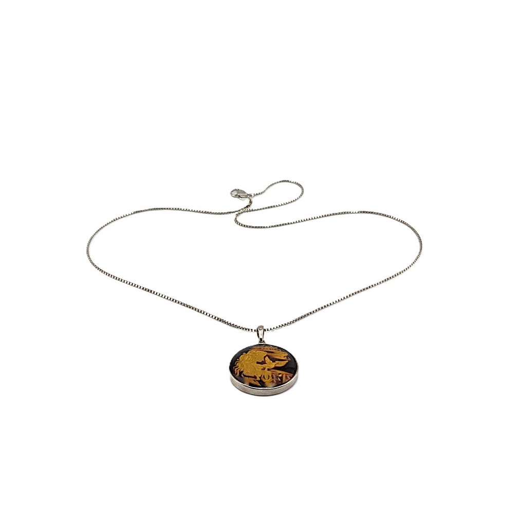 Vintage Baltic Amber Necklace Sterling Silver Reverse Carved Intaglio Jewelry **